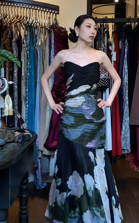 Black Strapless Sweetheart Long Formal Gown Watercolor Floral Print Mermaid Evening Dress gh9655