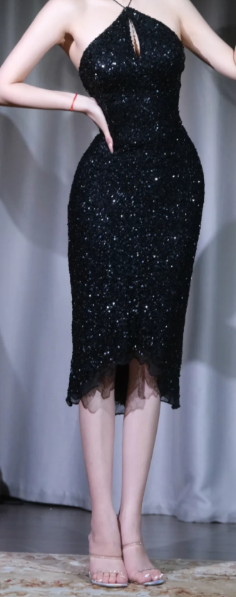 ✨Girlhomeshops-Black Halter Midi Sequin Dress Keyhole Cutout Slit Prom Gown gh9989