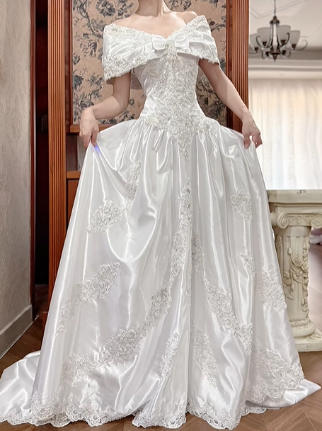 White Vintage Satin Long‑Train Wedding Prom Dress, Off‑the‑Shoulder Cape Collar With Big Bow, Lace Beaded Bodice, Scattered Lace Appliqués gh8711