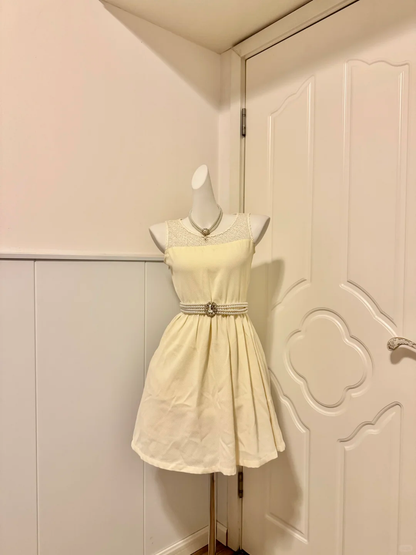 Cream Yellow Vintage Homecoming Dress Sleeveless Lace Round Neck A-Line Cocktail Party Gown gh9362