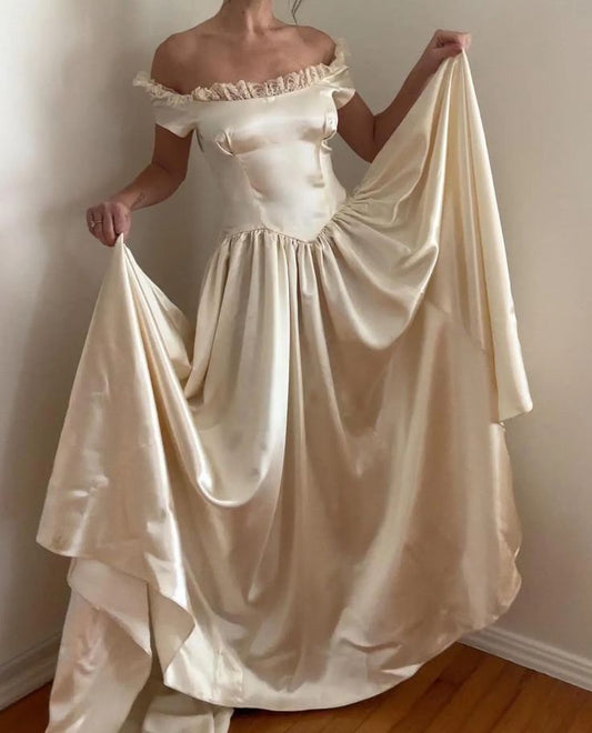✨Girlhomeshops🔥 Discount: 5% off orders over $100-Ivory White Lace Elegant Long Satin PromDress Party Dress gh4980