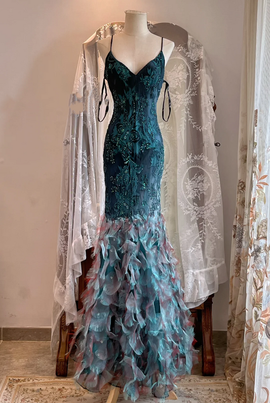 Peacock Green V Neck Spaghetti Strap Mermaid Gown, Beaded & Sequin Party Dress gh9334