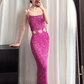 Fuchsia‑Sequin‑Gown Spaghetti‑Strap Square‑Neck Diamond‑Waist‑Cutout Bodycon‑Mermaid‑Maxi Back‑Slit All‑Over‑Sparkle‑Sequins Sexy‑Evening‑Prom‑Party‑Dress gh8834