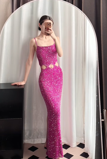 Fuchsia‑Sequin‑Gown Spaghetti‑Strap Square‑Neck Diamond‑Waist‑Cutout Bodycon‑Mermaid‑Maxi Back‑Slit All‑Over‑Sparkle‑Sequins Sexy‑Evening‑Prom‑Party‑Dress gh8834