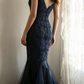 Navy V‑Neck Spaghetti Strap Mermaid Evening Gown, Floral Lace Sequin Applique Tulle Train Formal Prom Dress gh9121