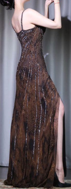 ✨Girlhomeshops-Brown Leopard Print Prom Dress Beaded Fringe High Slit Sheer Evening Gown gh9972