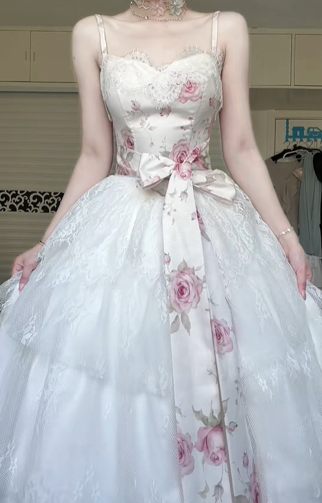 Ivory Pink Rose Print Satin Strapless‑Strap Ball Gown, Sweetheart Lace Bodice Big Bow Sash Multi‑Layer Lace A‑Line Formal Prom Dress gh8972