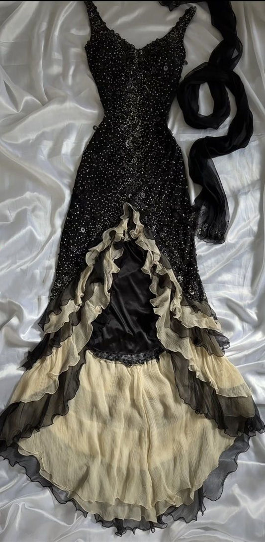 Black shiny elegant ruffle tulle long sequined ball gown prom dress evening gown gh3141