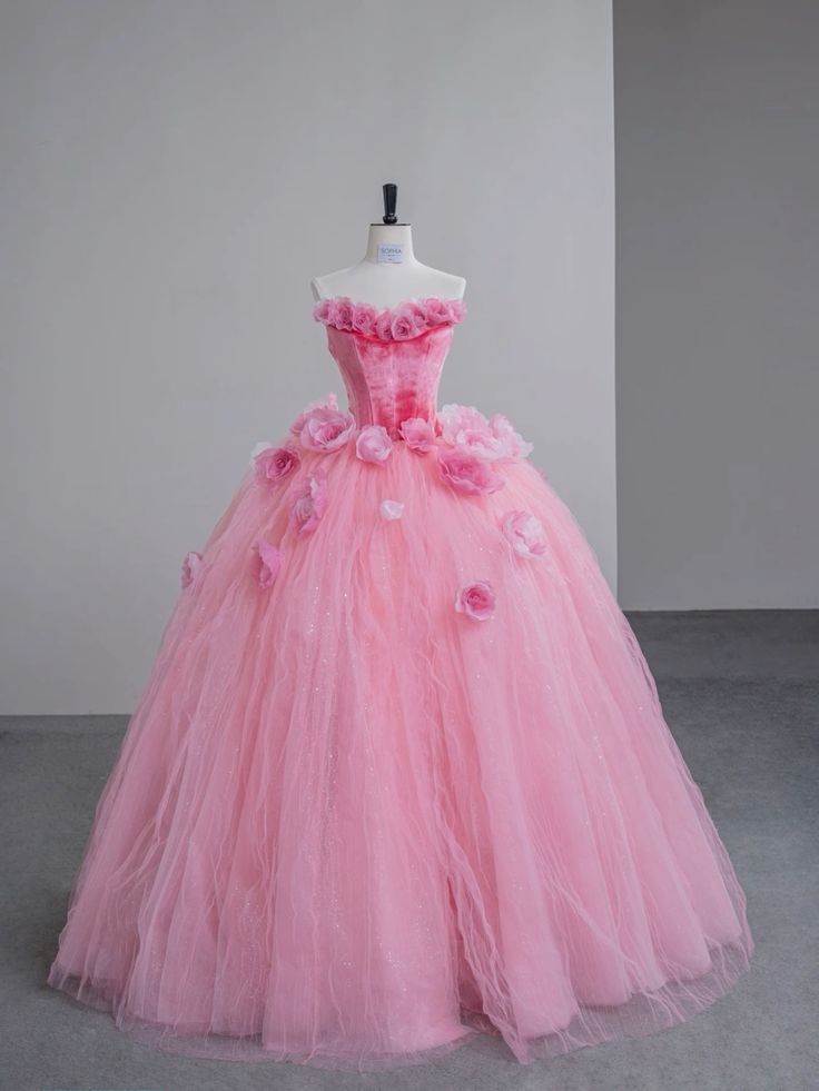 Rosa Blumen Langes Samt Tüll Quinceanera Kleid Ballkleid Abendkleid gh4885