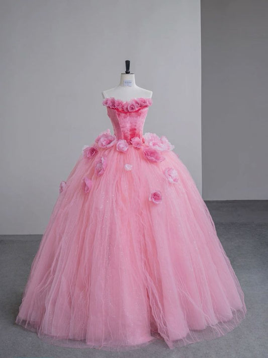 Rosa Blumen Langes Samt Tüll Quinceanera Kleid Ballkleid Abendkleid gh4885