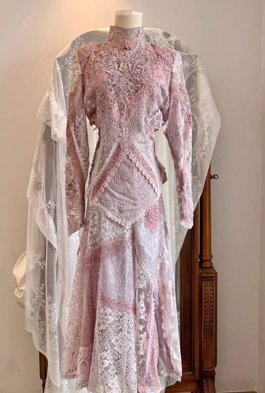Pink Purple Patchwork Lace Vintage Maxi Gown, High Neck Long Sleeve Victorian Party Dress gh9342