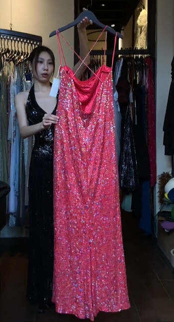Bright Red Spaghetti Strap Square Neck All Over Sequin Sheath Long Evening Prom Dress gh9778