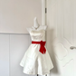 Women Ivory Homecoming Dress, Spaghetti Strap Sweetheart Neckline Satin Fabric Contrast Red Satin Bow Waist Sash High Waist Simple A‑Line Mini Bridesmaid Party Dress gh9221