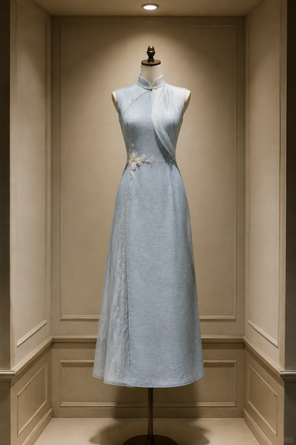 ✨Girlhomeshops-Light Ice Blue Draped Mesh 3D Floral Lace Long Cheongsam Qipao gh10440