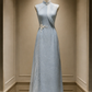 ✨Girlhomeshops-Light Ice Blue Draped Mesh 3D Floral Lace Long Cheongsam Qipao gh10440