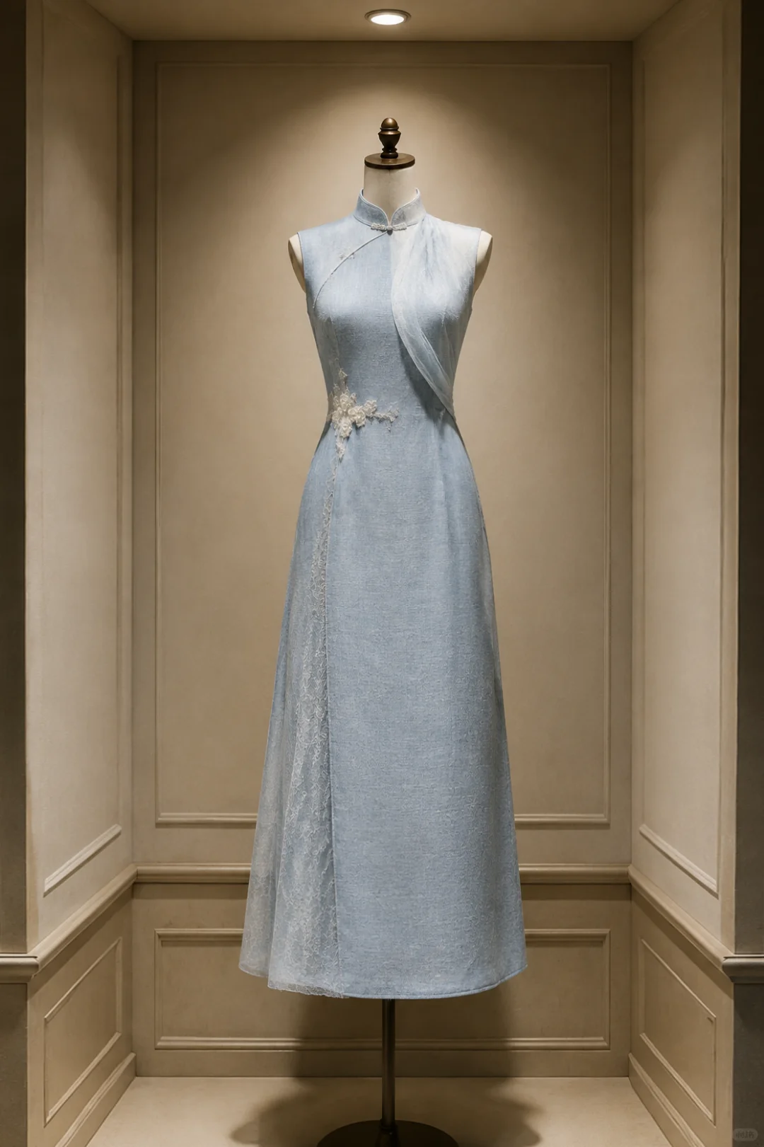 ✨Girlhomeshops-Light Ice Blue Draped Mesh 3D Floral Lace Long Cheongsam Qipao gh10440