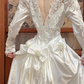 Ivory Vintage Satin Beaded Lace Ball Gown Wedding Dress, Puff Long Sleeve Bridal Prom Dress gh8725