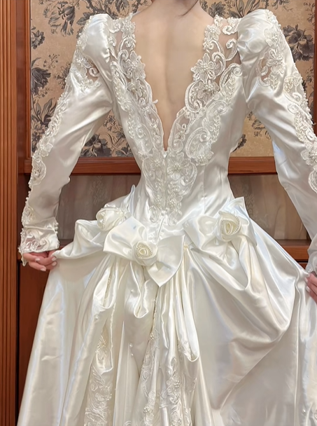 Ivory Vintage Satin Beaded Lace Ball Gown Wedding Dress, Puff Long Sleeve Bridal Prom Dress gh8725