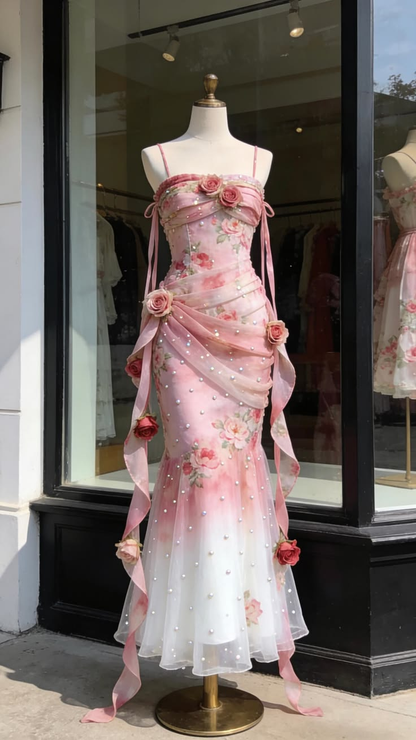 Rose Pink Spaghetti Straps Waist-Cinched Fitted Mermaid Evening Dress, Fairy Gown, Romantic Gown gh7431