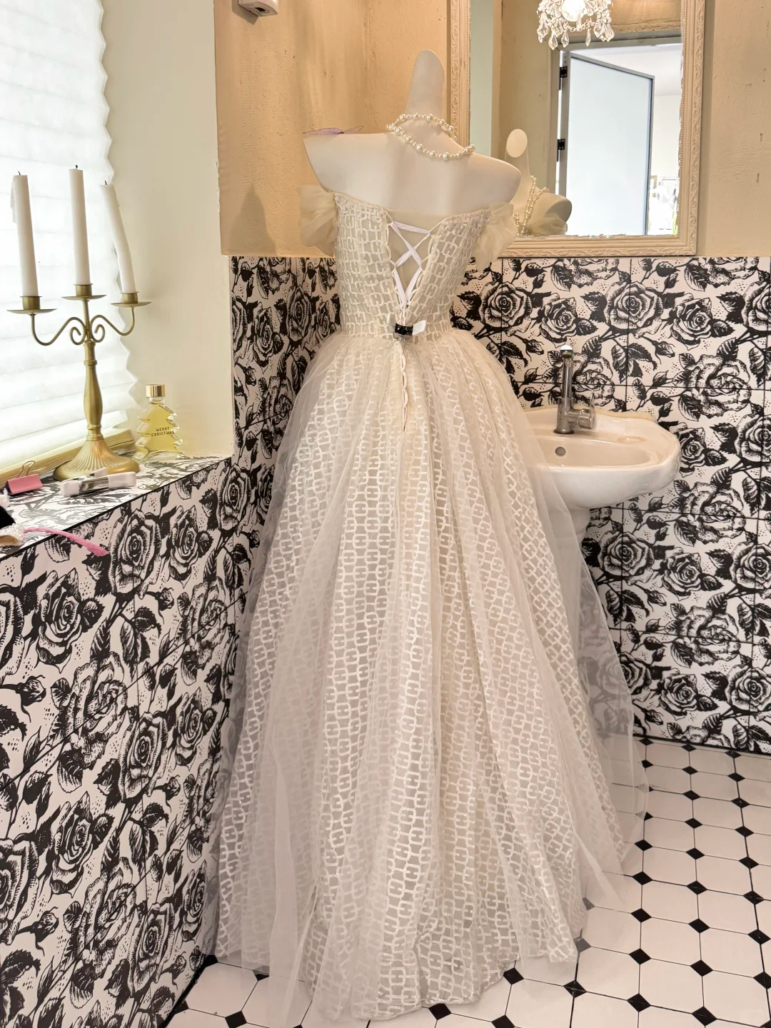 Ivory Off-the-Shoulder Check Pattern Designed Waist-Cinched A-Line Elegant Romantic Dress, Wedding Gown gh7723