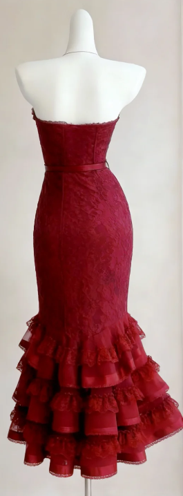 Strapless Sweetheart Burgundy Lace Mermaid Evening Gown with Satin Bow and Tiered Ruffle Hem gh9465