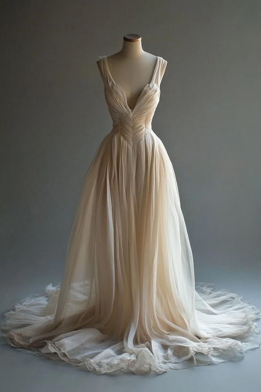 girlhomeshops-Wedding Dress Nude Chiffon Sleeveless Floor-Length Train Vintage Gown Gh6334