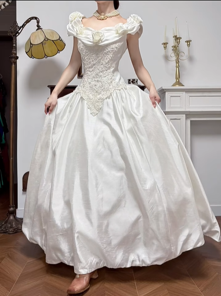 Ivory Vintage Satin Wedding Gown, Off‑the‑Shoulder Ruffle 3D Floral Neckline, All‑Over Lace Appliqués Fitted Bodice, Fitted Waist, Voluminous Satin A‑Line Ball Gown Skirt, Bridal Prom Dress gh8750