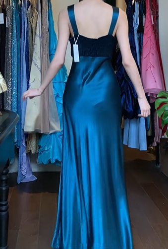 Teal Blue Black Vintage Prom Dress Wide Straps Square Neck Heavy Beaded Bodice Satin A-Line Long Evening Gown gh9627
