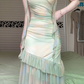 Pastel Tie‑Dye Spaghetti Strap Long Evening Gown, Asymmetrical Ruffle Chiffon Formal Prom Dress gh9029