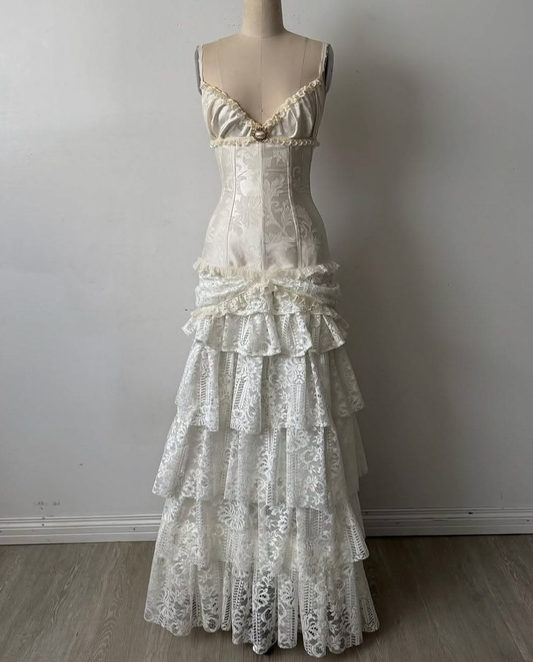 ✨Girlhomeshops-Spaghetti Strap Cream Tiered Lace Corset Vintage Prom Gown gh10214
