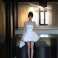 Women Elegant White Spaghetti Strap Homecoming Dress Lace Neck Boned Corset Bubble Puff Short Party Dress gh9432