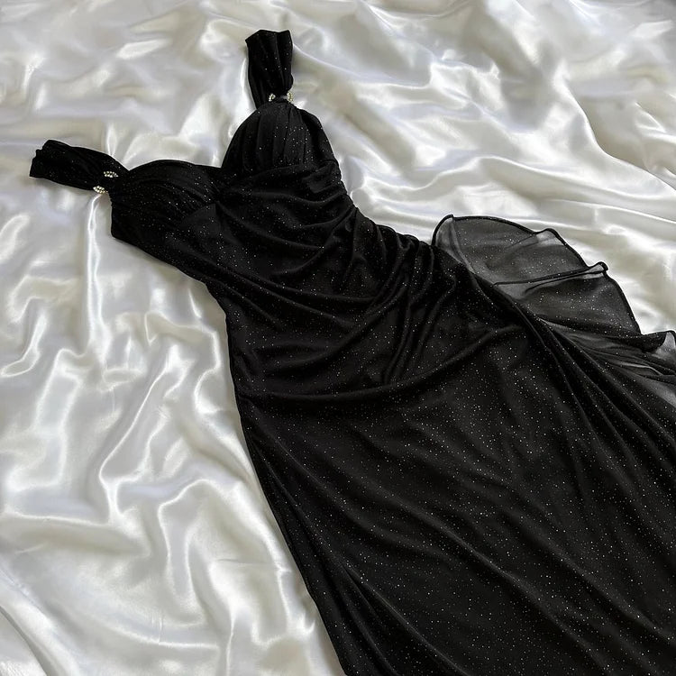 Robe de soirée longue en mousseline de soie noire brillante et élégante gh4232