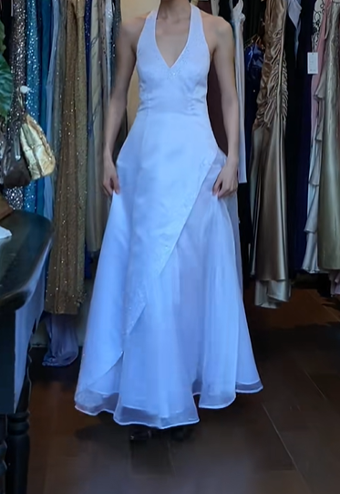 White Vintage Prom Dress Halter Deep V Rhinestone Accent Asymmetric Layered Tulle A-Line Long Evening Gown gh9629