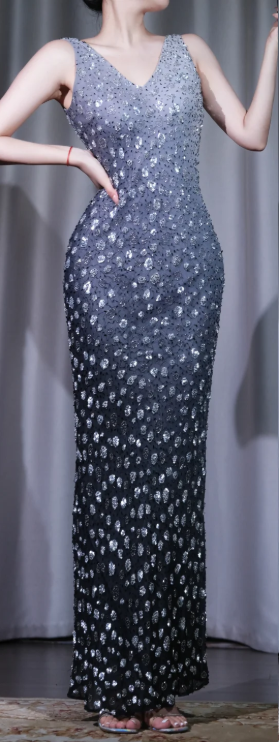 ✨Girlhomeshops-Gradient Grey Black V Neck Sleeveless Beaded Sequin Mermaid Evening Dress gh10018
