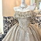Champagne Off-the-Shoulder Waist-Cinched Gown with Silver Decorations, Voluminous Skirt Long Romantic Dress, Wedding Gown gh7760