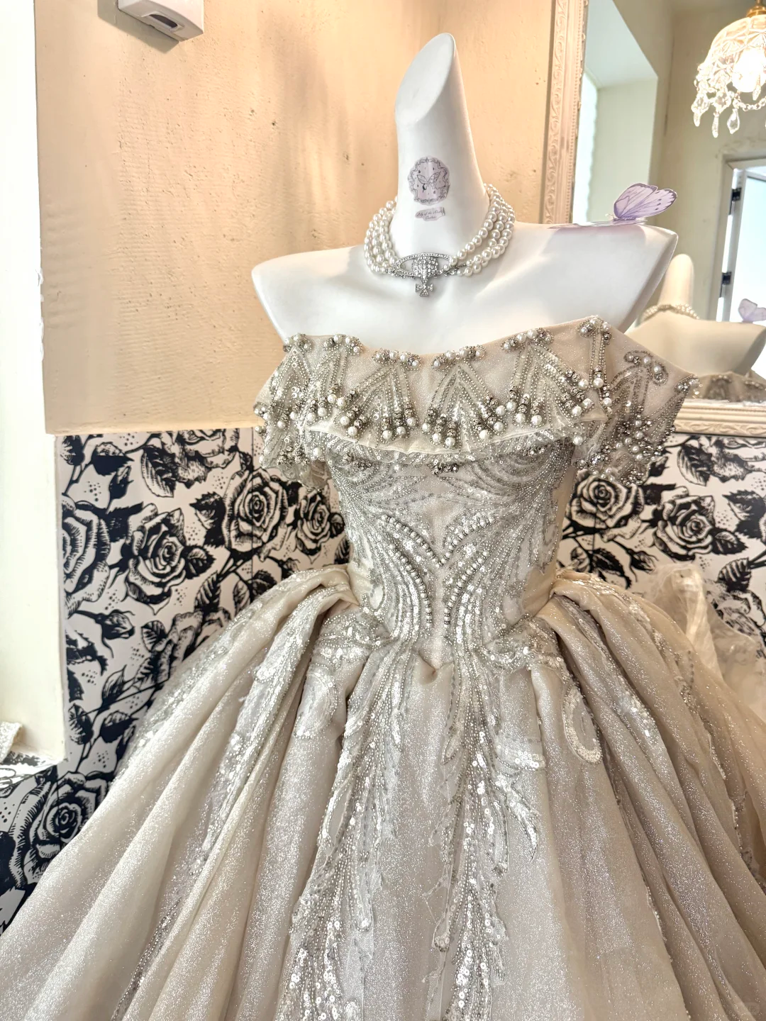 Champagne Off-the-Shoulder Waist-Cinched Gown with Silver Decorations, Voluminous Skirt Long Romantic Dress, Wedding Gown gh7760