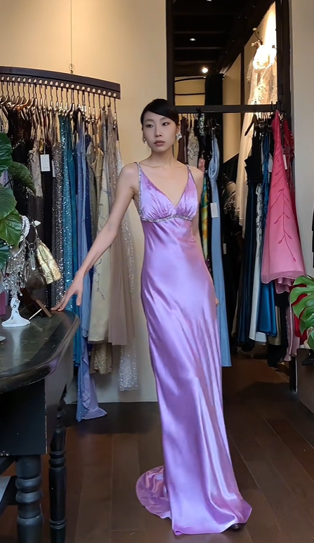 Lavender Spaghetti Strap Long Formal Gown Satin Rhinestone Beaded Mermaid Evening Dress gh9643