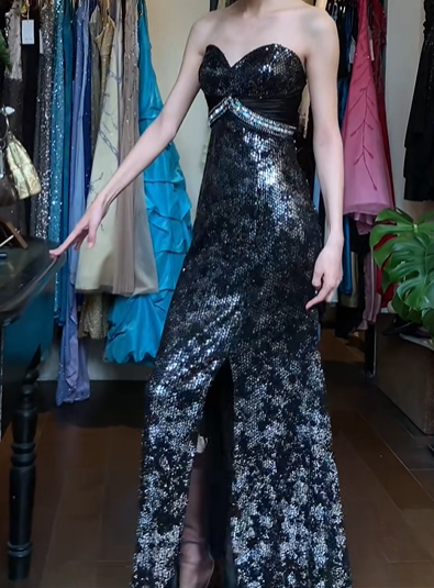 Black Vintage Prom Dress Strapless Sweetheart Silver Sequin Bodycon Front Slit Rhinestone Waist Long Evening Gown gh9611