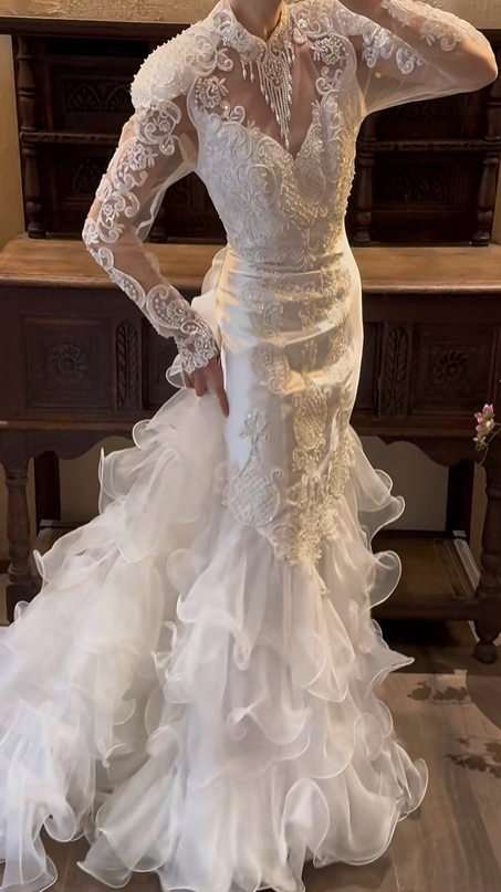 White Vintage Mermaid Wedding Gown, High Neck Illusion Long Sleeve Lace Beaded Appliqué Ruffled Tulle Train Bridal Dress gh9065