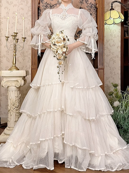 Off‑White Vintage Victorian High‑Neck Lace Bubble Flare Sleeve Tiered Ruffle Train Prom Gown, Wedding Dress gh8605