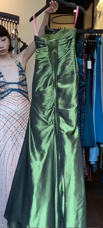Olive Green Metallic Satin Strapless Evening Gown Big Bow Ruched Long Formal Prom Dress gh9742