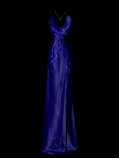 Royal Blue Halter V‑Neck Evening Gown, Diagonal Sequin Embellishment, Fitted Waist, Satin Long Dress With High Side Slit, Formal Prom Party Gown gh8887