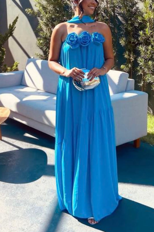 girlhomeshops-Blue Floral Simple Stylish Long Chiffon Wedding Guest Dress Prom Dress gh5921