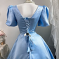 Light Blue Satin Long Evening Gown, V Neck Puff Short Sleeve Beaded Rhinestone A-Line Princess Prom Dress gh9271