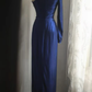 Royal Blue One‑Shoulder Long Sleeve Evening Gown, Mesh Cutout Waist Draped Ruched High Slit Metallic Formal Party Dress gh9112