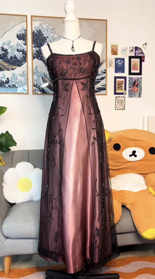 ✨Girlhomeshops-Spaghetti Strap Brown Vintage Prom Dress, Floral Beaded Tulle Satin Evening Gown gh10253