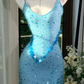Light Lake Blue V Neck Spaghetti Strap Sequin Bodycon Mini Prom Evening Gown gh9514
