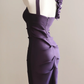Women Dark Purple Satin Short Formal Dress V Neck Single Strap 3D Flower Ruffle Knee-Length Bodycon Cocktail Gown gh9567