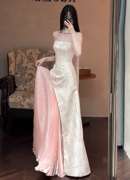 White Satin Strapless Fitted Waist Unique Designed Skirt Prom & Evening Party Dress gh8504