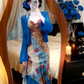 Halter V‑Neck Floral Print Evening Gown, Irregular Ruffle Skirt With Blue Knit Cardigan Prom Dress gh9136